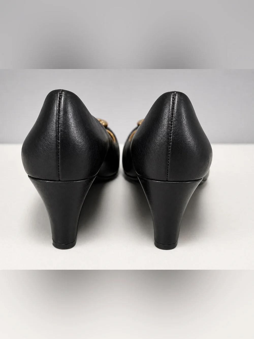 Tory Burch Black Leather Wedge Pumps Gold Logo Size 6
